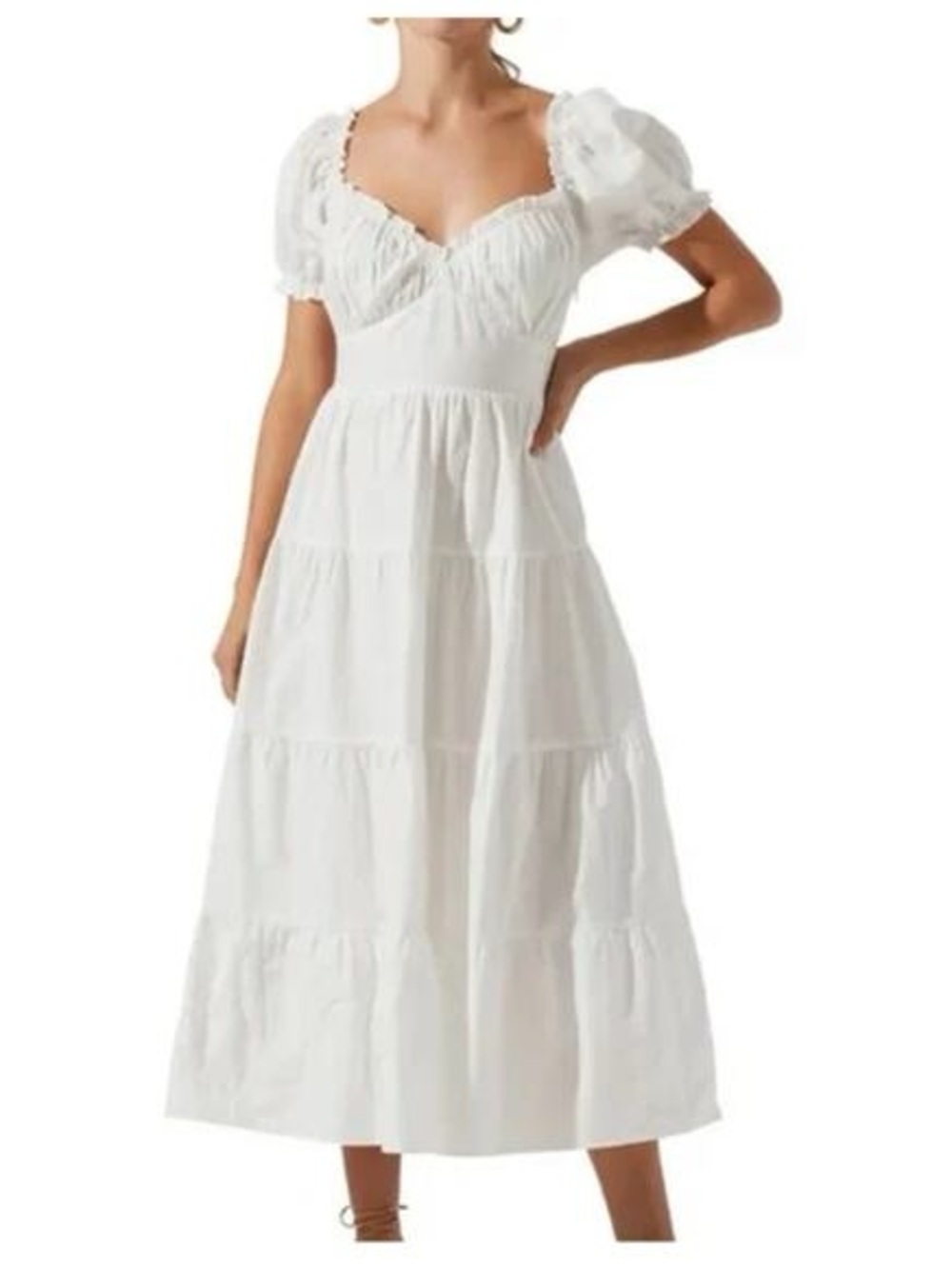 ASTR the Label White Puff Sleeve Tiered Midi Dress Cottagecore Cotton Size M